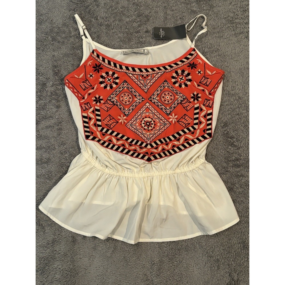 Abercrombie & Fitch Women Top Medium White Western Geometric Tank Embroidered